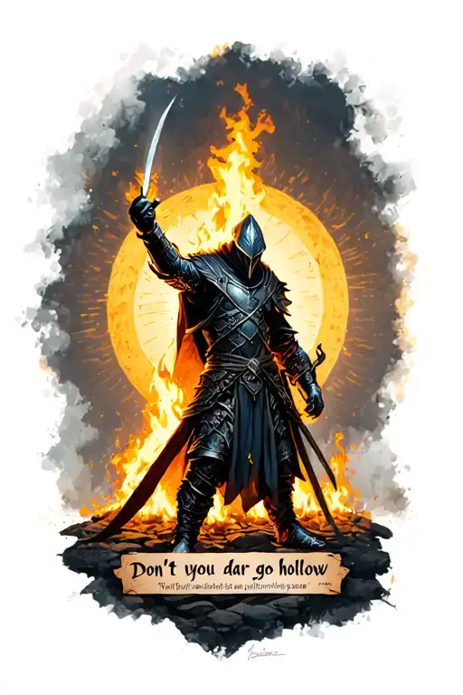 artorias dark souls and solaire of Astora praising the sun, a bonfire in the middle and "Don't you dare go hollow" tattoo design idea