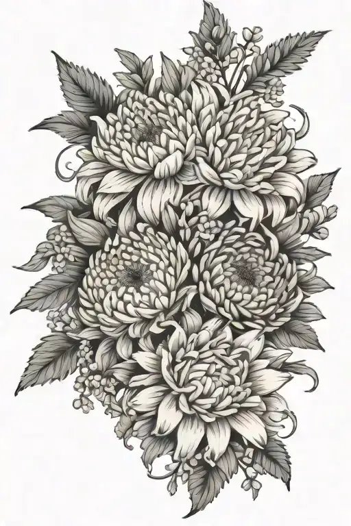 chrysanthemum and larkspur bouquet tattoo design idea