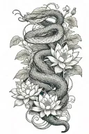 gardener snake wrapped around and through greenery with white lotus flowers and leaves added in tattoo design idea