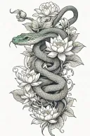 gardener snake wrapped around and through greenery with white lotus flowers and leaves added in tattoo design idea
