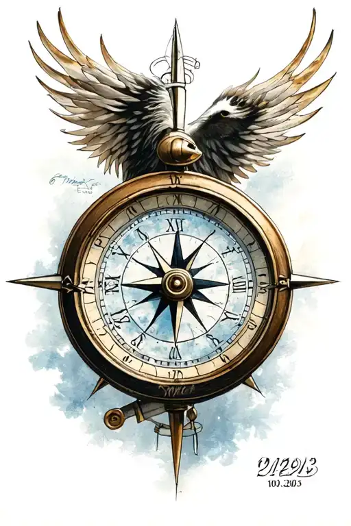 clock, compass, winter, date 10.12.2005 Realism, circular for all forearms tattoo design idea