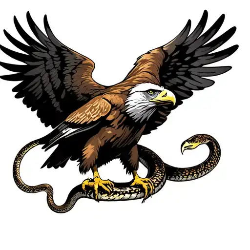 A Golden Eagle standing with a snake in it’s talons, however, the snake is coiled around the eagle’s body and wings and  tattoo design idea