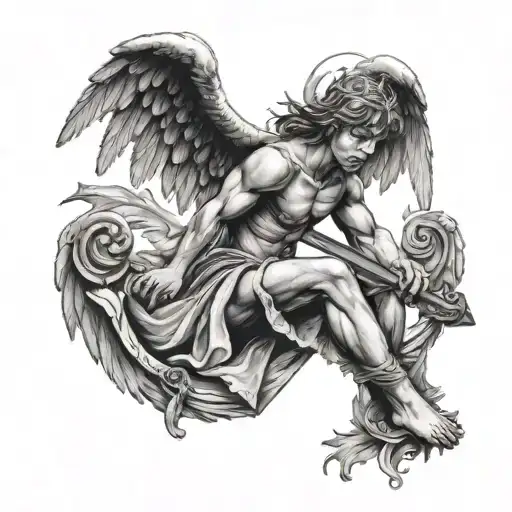 realism crying angel knee hug sitting while holding a sword upward with the eye of icarus tattoo design idea