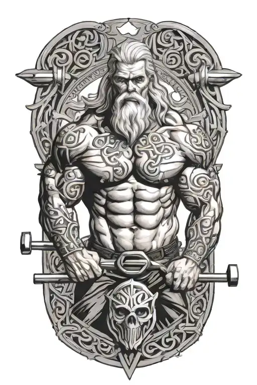 Super muscled Atlas Greek God with long silver hair and beard and celtic tattoos lifting weights tattoo design idea