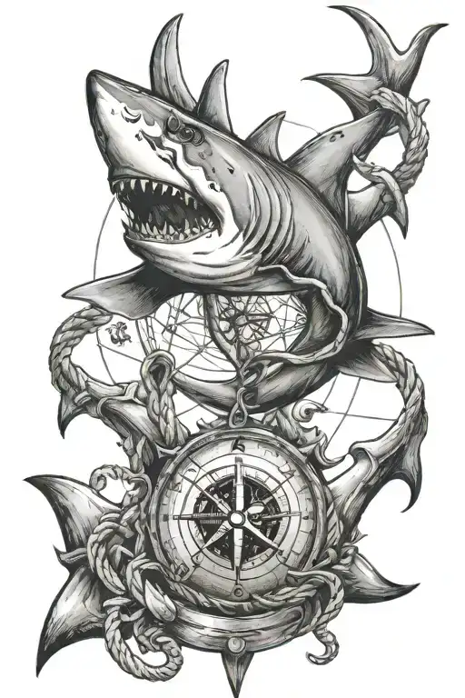shark with anchor compass and rope  tattoo design idea