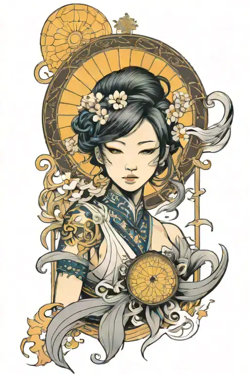 Slender girl with sun and moon and stained glass style tattoo design idea