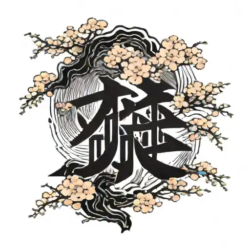 A kanji symbol showing soul with sakura tree surrounded tattoo design idea