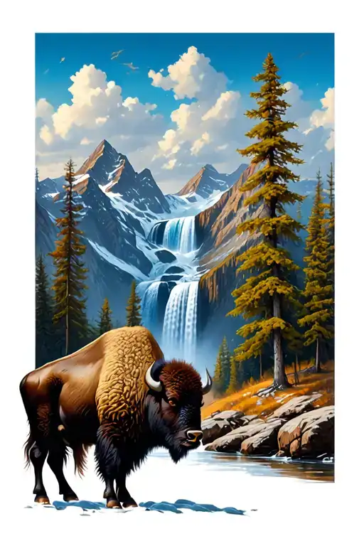 European mountain range with bison standing in front with trees and waterfall tattoo design idea