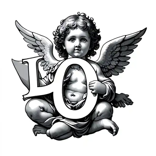 cherub holding letter O tattoo design idea