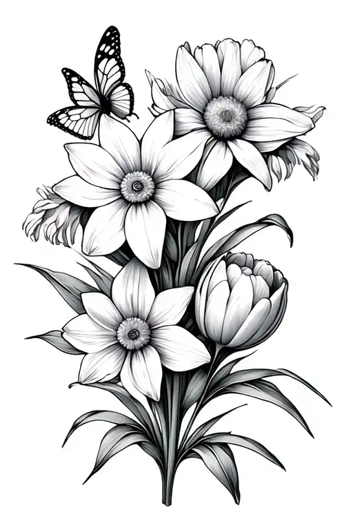 aster flower, tulip and daffodil wrapped with butterfly outline tattoo design idea