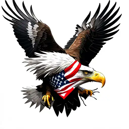 Flying Bald Eagle wearing an American Flag bandana across the forehead. Black case in it's talons. tattoo design idea