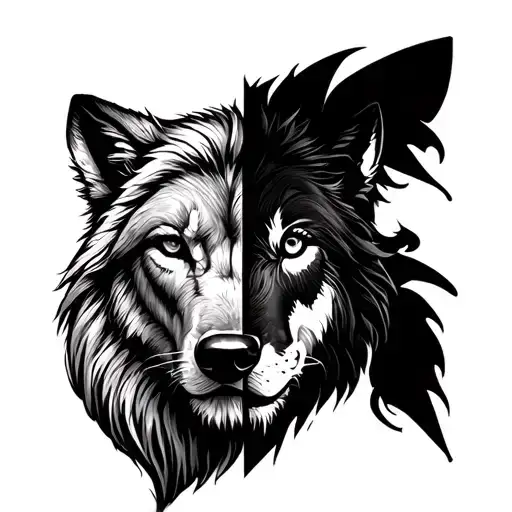 Half lion face and half wolf face incorporated tattoo design idea