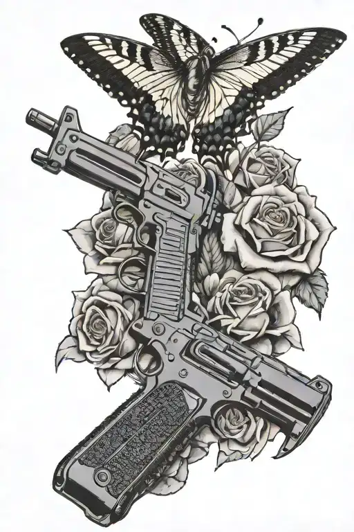 a swallowtail bird carrying an ar15 rifle with 3 roses as the background tattoo design idea