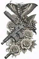 a swallowtail bird carrying an ar15 rifle with 3 roses as the background tattoo design idea