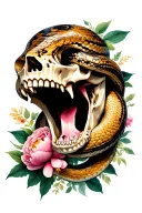 screaming skull, large python snake wraps the skull with mouth open, in the background leaves and flowers of peonies tattoo design idea