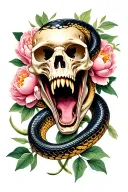 screaming skull, large python snake wraps the skull with mouth open, in the background leaves and flowers of peonies tattoo design idea