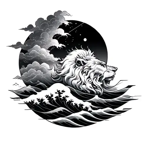 Create me a mock tattoo sleeve for me.Incorporate a Japanese style with waves, clouds, also add a lion and Sagittarius tattoo design idea