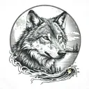 A wolf, behind him a large moon. Below a flowing river wolf. The whole tattoo has a halo around it tattoo design idea
