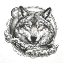 A wolf, behind him a large moon. Below a flowing river wolf. The whole tattoo has a halo around it tattoo design idea