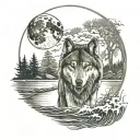 A wolf, behind him a large moon. Below a flowing river wolf. The whole tattoo has a halo around it tattoo design idea