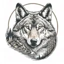 A wolf, behind him a large moon. Below a flowing river wolf. The whole tattoo has a halo around it tattoo design idea
