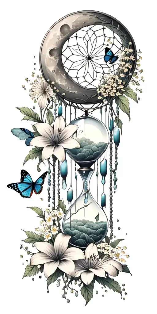 An hourglass moon dream catcher filled with lilies and butterflies Queen Anne's lace  nature tears broken depressed tattoo design idea