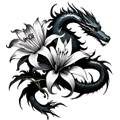 small fine line dragon wraped around a spider lily flower tattoo design idea