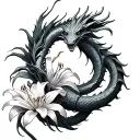 small fine line dragon wraped around a spider lily flower tattoo design idea