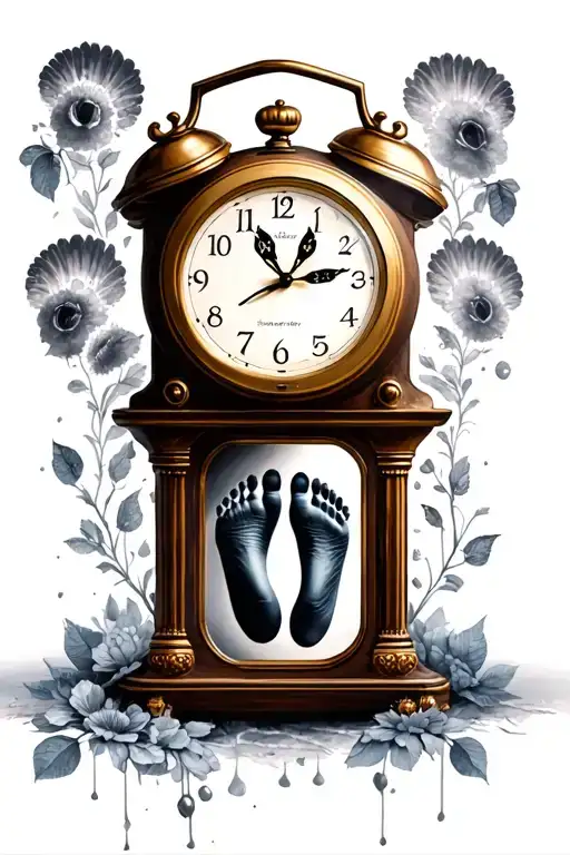 clock with baby foot print tattoo design idea