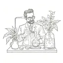 A sketch style illustration of a chemist mixing coffee and plants in a lab beaker tattoo design idea