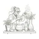 A sketch style illustration of a chemist mixing coffee and plants in a lab beaker tattoo design idea