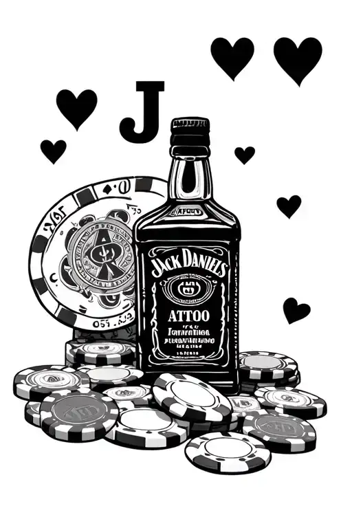 K and J hearts, poker chips, cash, jack Daniels bottle tattoo design idea
