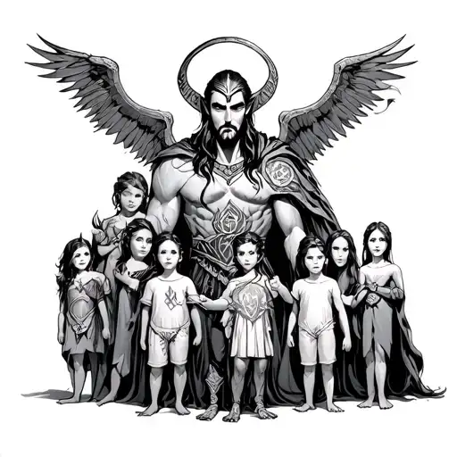 God Loki, behind his parents, and in front are all his children tattoo design idea