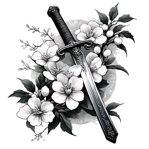 samurai sword with cherry blossom  tattoo design idea