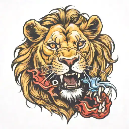 lion biting the devils head off tattoo design idea