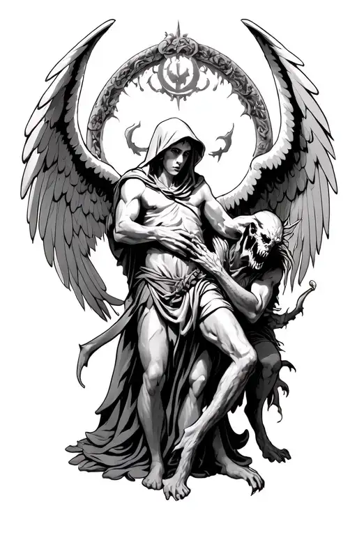 hooded arch angel defeating a demon tattoo design idea