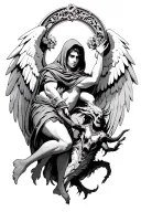 hooded arch angel defeating a demon tattoo design idea