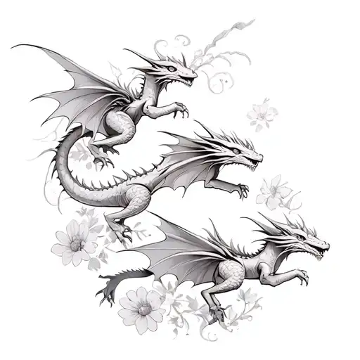 3 tiny separate dragons flying with flowers tattoo design idea