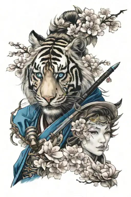 blue-eyed tiger and samurai woman cherry blossoms tattoo design idea