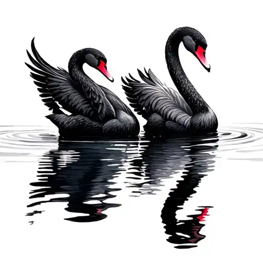 two black swans facing each other swimming gently with colour accents on wing feathers tattoo design idea