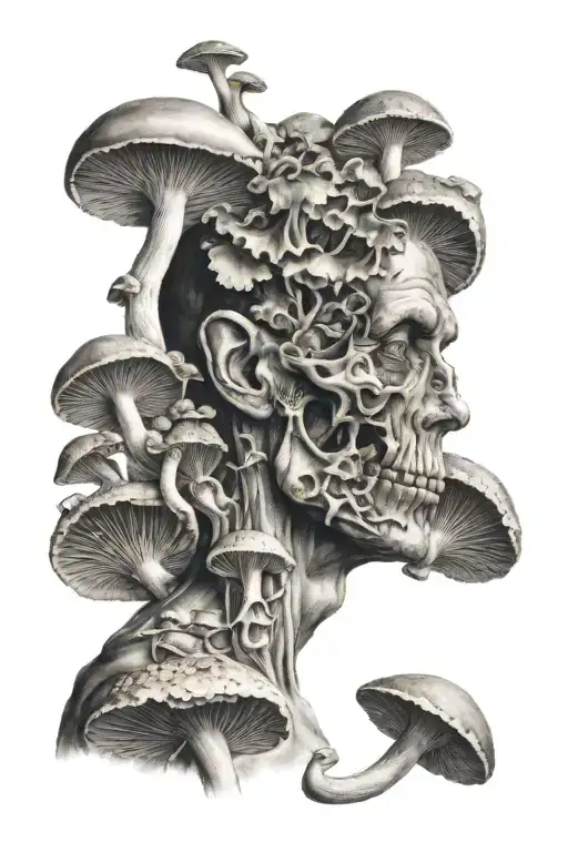 half dead half alive person with mushrooms tattoo design idea
