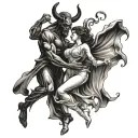 women dancing with a devil like man tattoo design idea