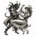 women dancing with a devil like man tattoo design idea