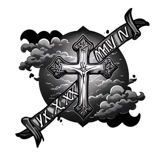 Make a tattoo with IV/XXX/MMIV in it, a cross, and clouds around it tattoo design idea