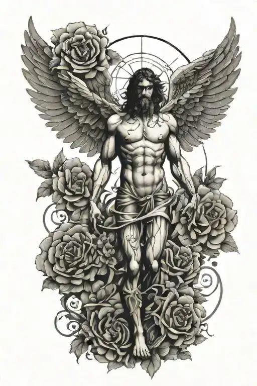 vitruvian man in the shape of an angel filled with flowers but make it simple and tribal. Nothing else except the man. tattoo design idea