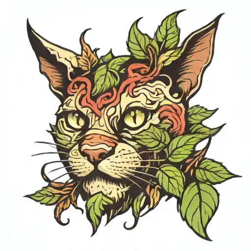 head of a fierce, domestic cat with bull horns covered by poison ivy  tattoo design idea