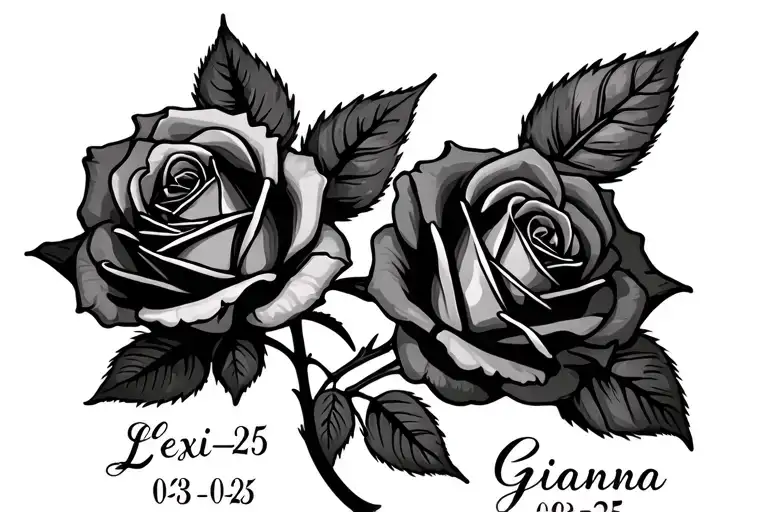 "Lexi 05-06-25 Gianna 08-03-25" 2 roses with names written tattoo design idea