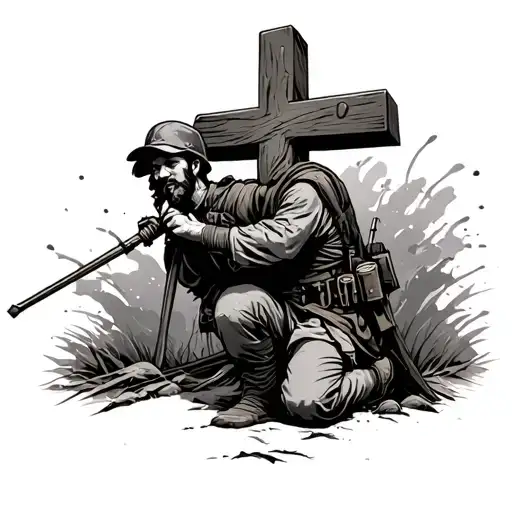 soldier kneeling at cross tattoo design idea