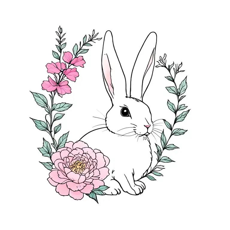 snap dragon flower, peony flower, and bunny rabbit tattoo design idea