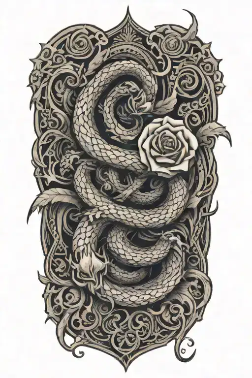 Fractal serpent rising from knee, coiling around a flaming rose blooming on the thigh, glowing with light. tattoo design idea
